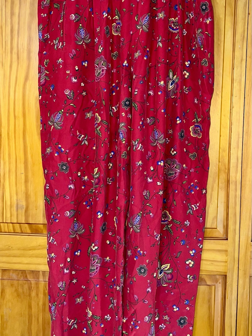 Red Floral Wide-Leg Trousers with Smocked Waist